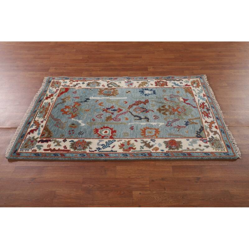 Transitional Blue Oushak Oriental Accent Rug Handmade Wool Carpet - 3'1"x 4'10"