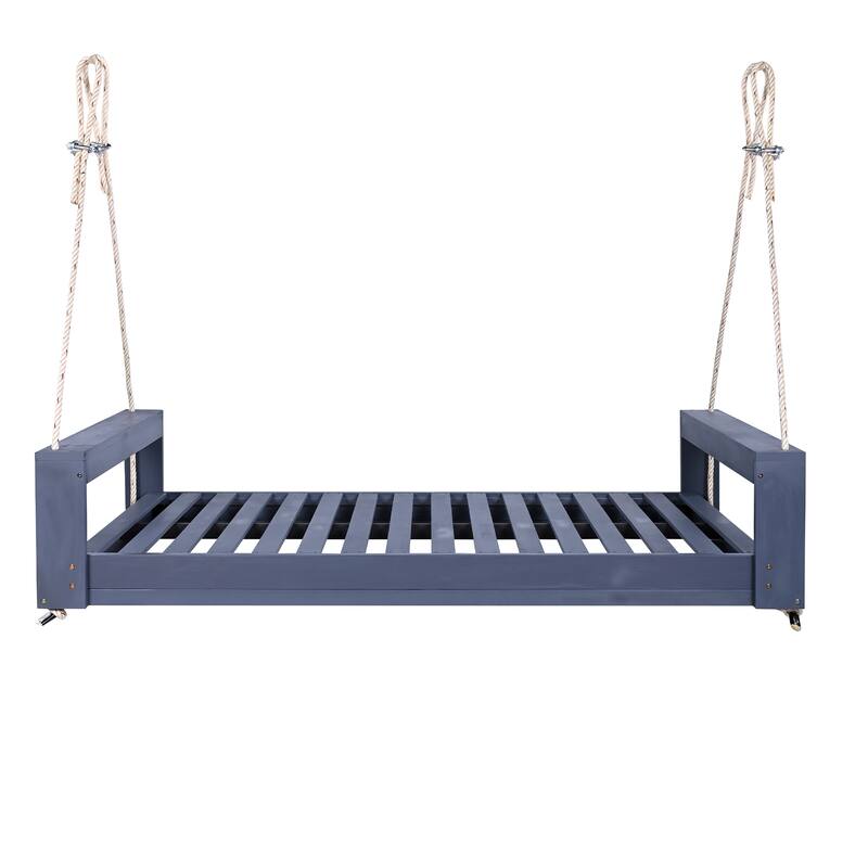 Twin Size Porch Swing Bed Seating Group, Patio Acacia Wood Swing Frame with Hemp Ropes for Garden, Backyard