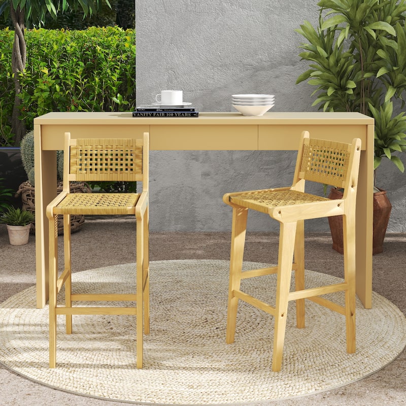 Natural Teak Wood Bar Stool with PE Rattan Seat and Backrest - 16" x 19.5" x 40"
