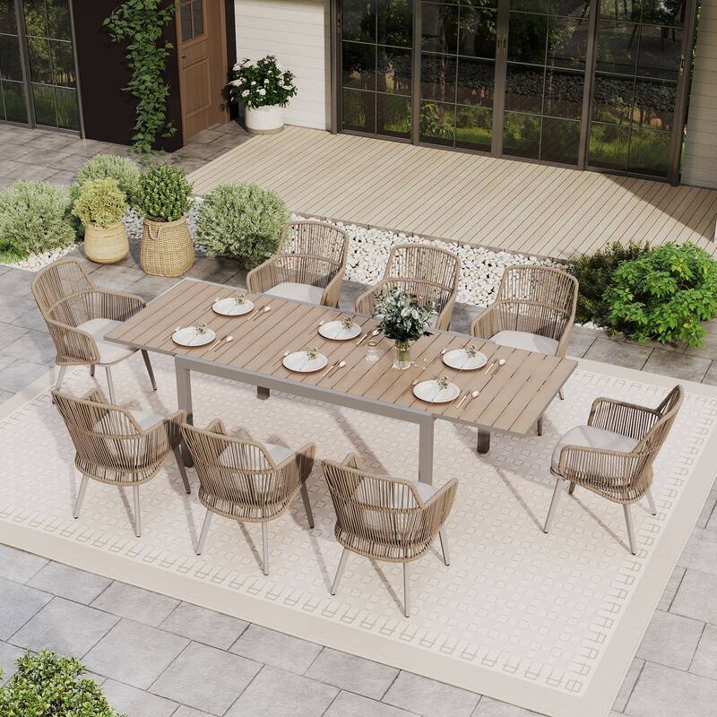 9-Piece Patio Aluminum Extendable Dining Set with Rattan Chairs - Wood Finish