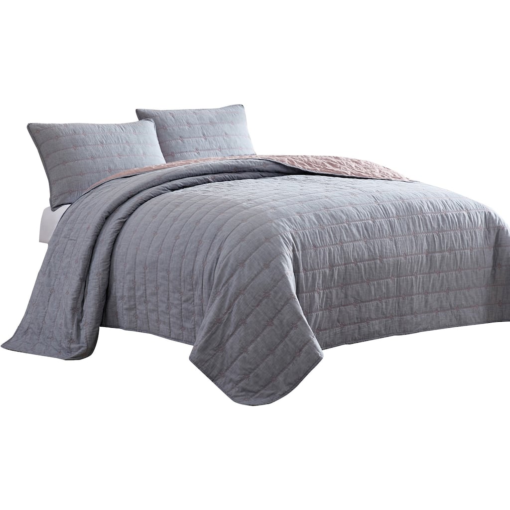 Veria 3 Piece King Quilt Set with Channel Stitching The Urban Port, Gray and Pink
