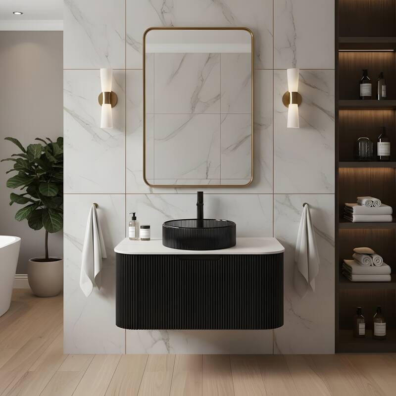 Wall Mounted Bathroom Vanity with Transparent Black Round Glass Basin