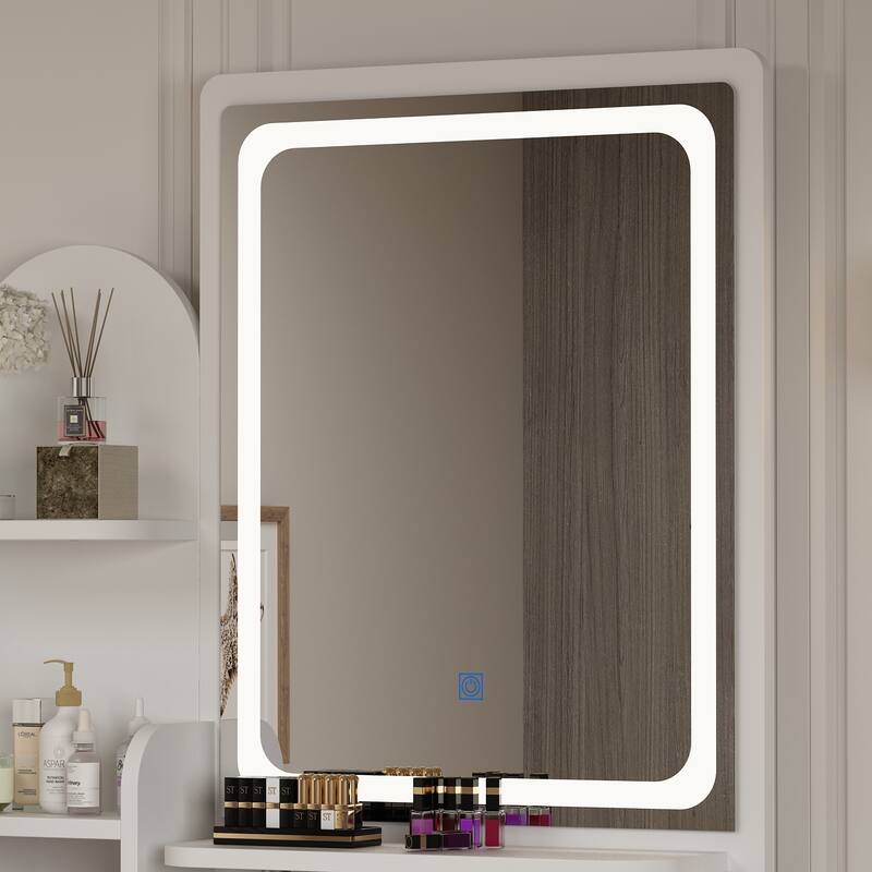 Vanity Desk with LED Lighted Mirror, Makeup Vanity Table with Drawers, Shelves and Stool