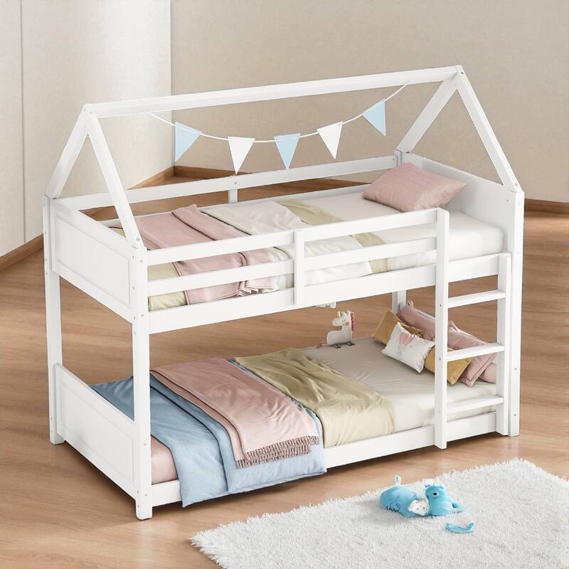 Twin over Twin House Bunk Bed with Roof Frame, Guardrails, Ladder and Headboards, Rubber Wood Kids Floor Bed