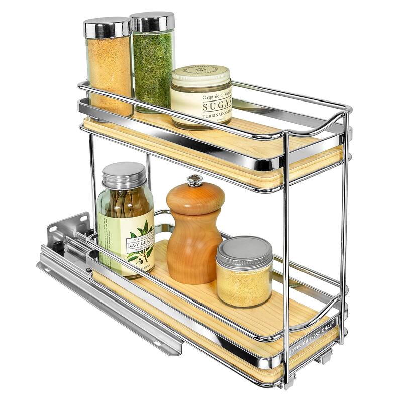 ® Élite™ Pull Out Spice Rack Organizer 4-1/4 inch Wide Slide Out Rack Wood and Chrome Sliding Spice Organizer Shelf - Natural