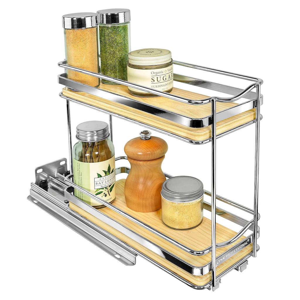 ® Élite™ Pull Out Spice Rack Organizer 4-1/4 inch Wide Slide Out Rack Wood and Chrome Sliding Spice Organizer Shelf