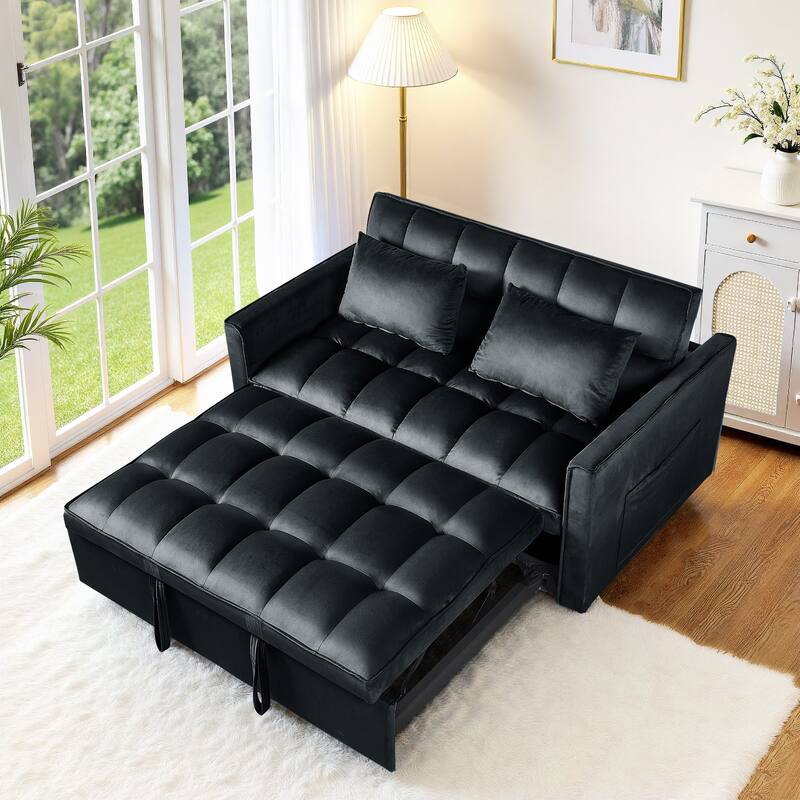 3-in-1 Convertible Sleeper Loveseat Pull Out Twin Size Suede Sofa Bed with 2 Pillows & Pocket - Black
