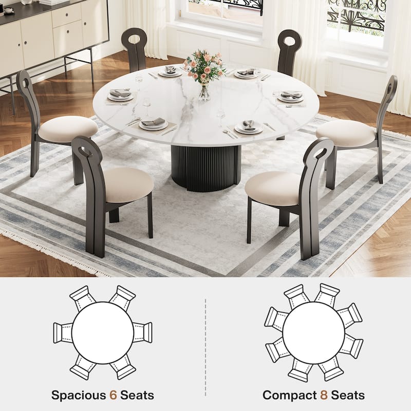 59" Modern Round Dining Table for 6-8, Glossy White Sintered stone Table top, Steel Grille column base