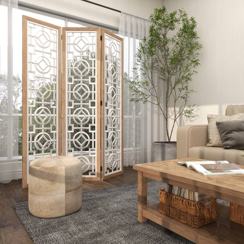 Wood Geometric Hinged Foldable Partition 3 Panel Room Divider Screen with Intricately Carved Designs - White - Roche River Decor