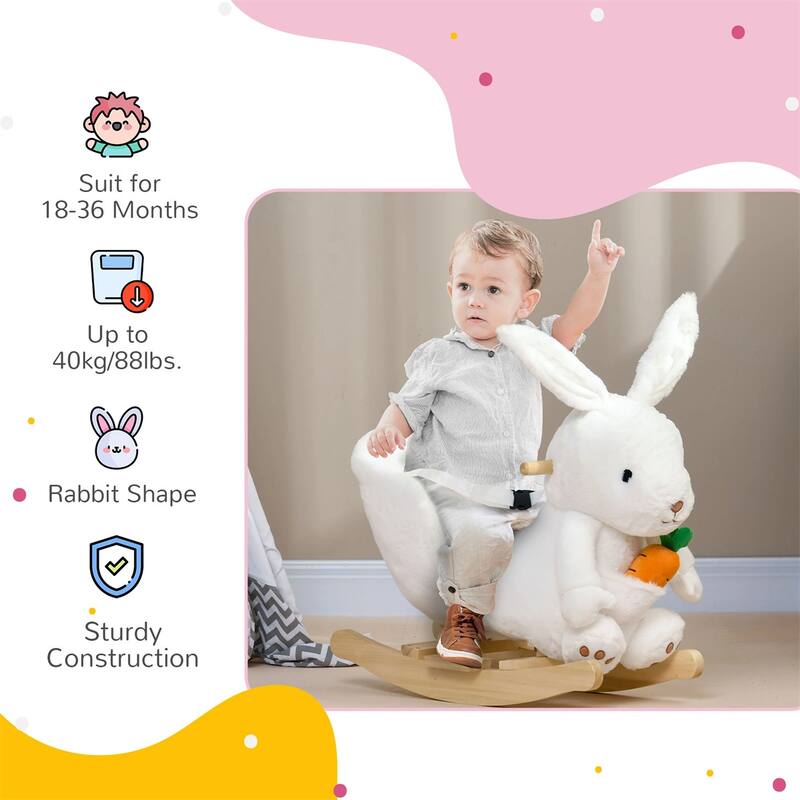 Children’s Bunny Rocking Ride-On with Plush Velvet Body and Sturdy Wood Base Foot Pedals - 23.5" L x 13" W x 19.75" H