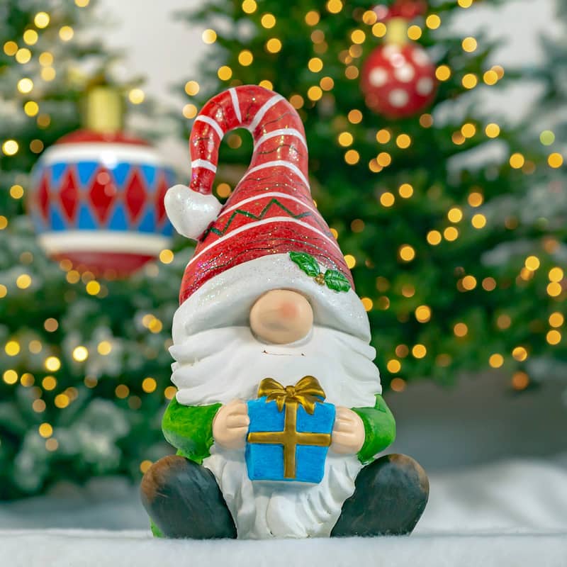 Christmas Gnome Sitting with Gift and Red Striped Hat - 10.63X10.83X18.90 - Metal - Multi