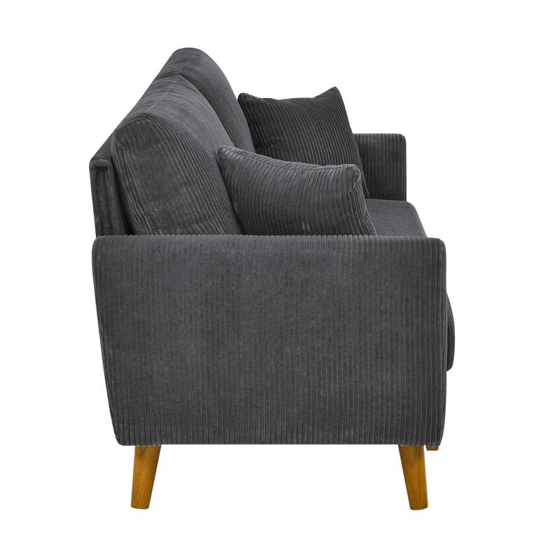 Asher Mid-Century Corduroy Sofa,Flared Arms,And A Sturdy Solid Wood Frame With Tapered Legs In A Warm Walnut Finish.