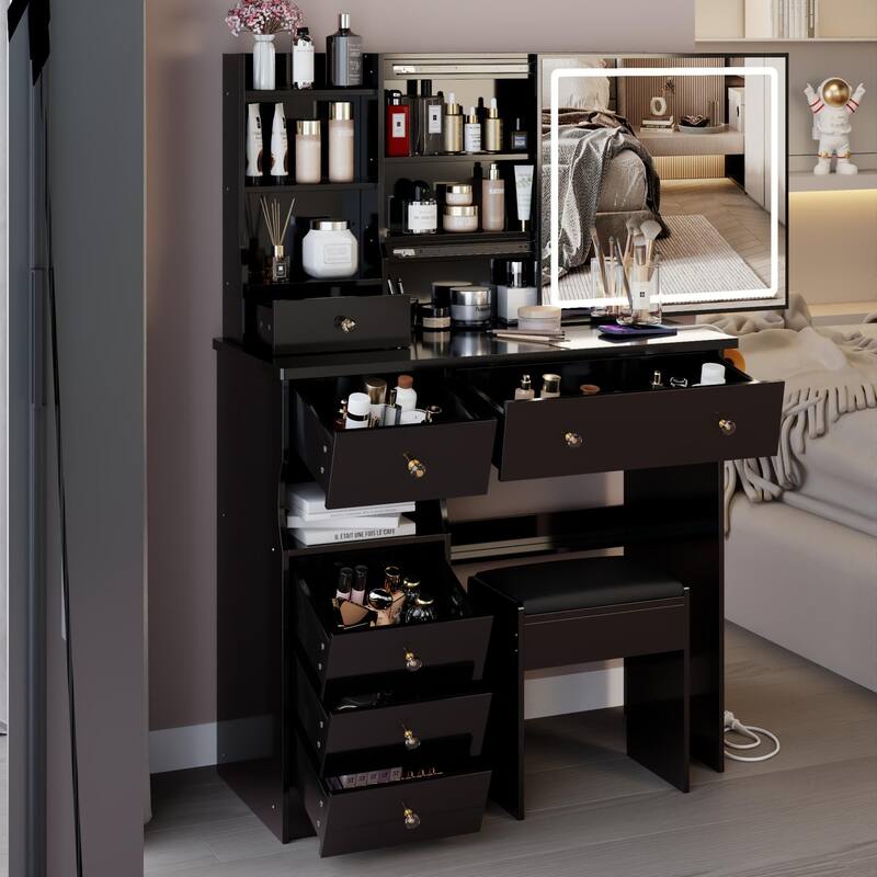 37" Middle Size Left Drawer Desktop Vanity Table + Cushioned Stool Dresser Set, Large Touch Control LED Sliding Mirror
