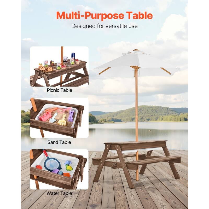 Multifunctional Fir Wood Picnic Table with Bench and Umbrella for Kids Outdoor Play and Dining Use - 35.04” x 31.5” x 20.1”