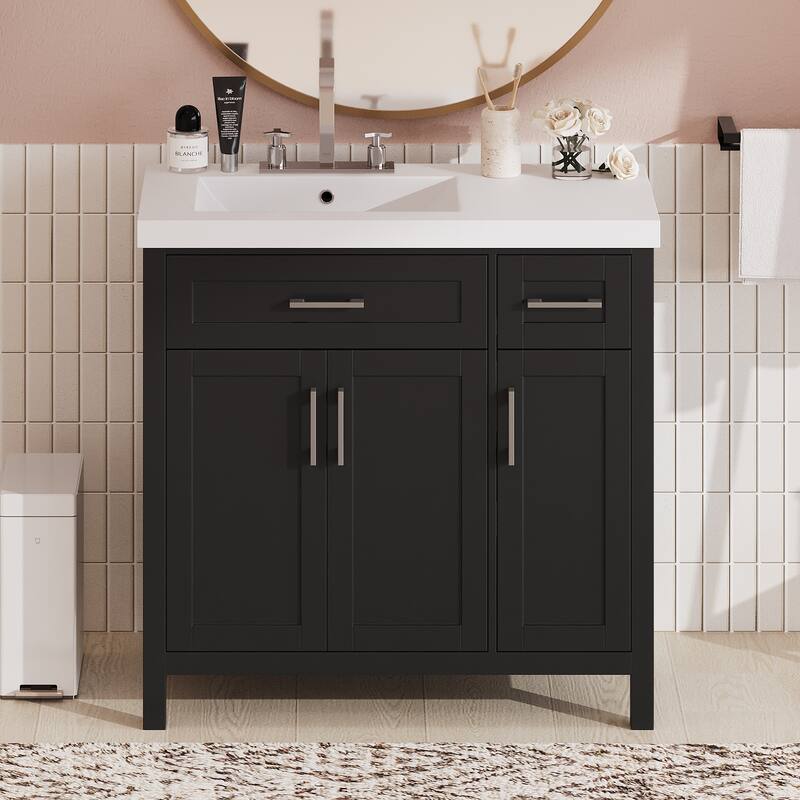 36" Black Bathroom Vanity Cabinet with Resin Integrated Sink - 2 Drawers, 3 Doors - Black