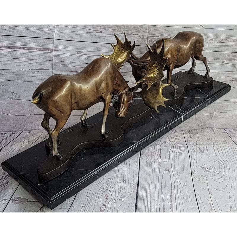 Imitative Bull Moose Duel Dueling Bucks Fight Bronze Statue Sculpture Moigniez Marble Base 11 Inches X 31 Inches
