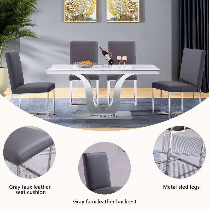 Grey Leather Upholstered Dining Chairs with Silver Stainless Steel Legs Set of 2