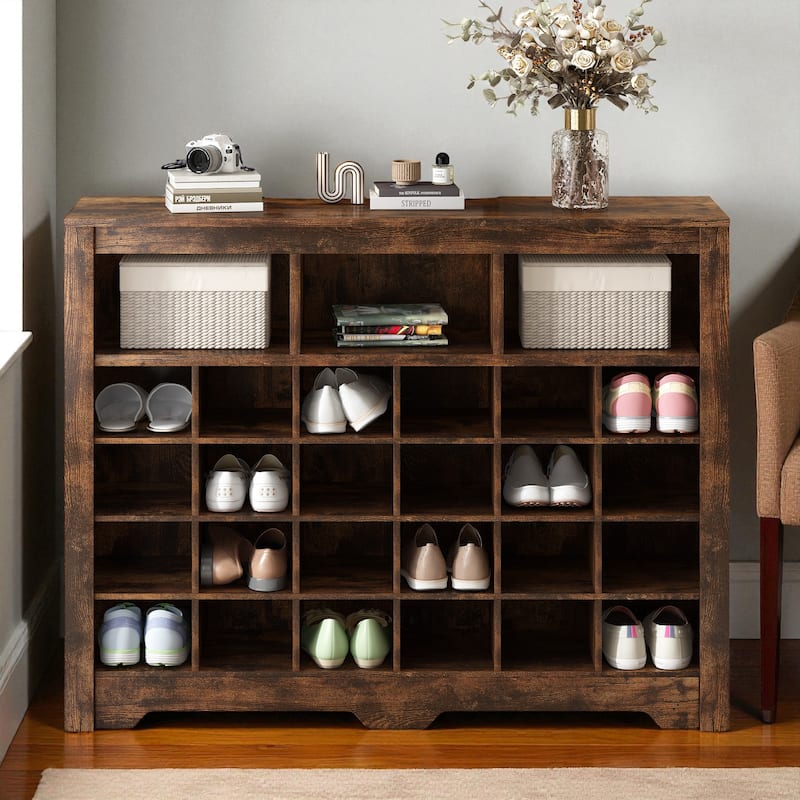 45.2" Modern 24-Cubby Shoe Storage Cabinet, Freestanding MDF Shoe Organizer Console with Curved Base for Entryway - Brown