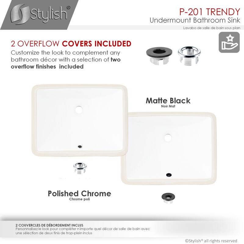 STYLISH Porcelain Rectangular 18 inches Undermount Ceramic Bathroom Sink with Overflow