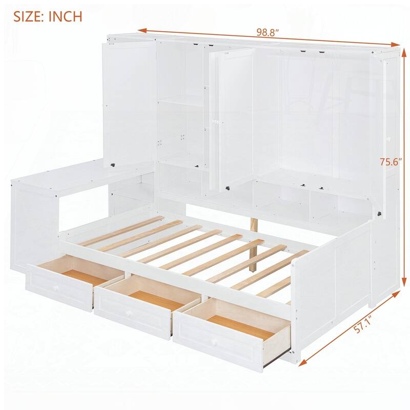 Wooden Daybed With Three Drawers and All-in-One Cabinet