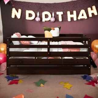 Low Loft Elegant Bed Twin Size with Full Safety Fence, Climbing ladder, Storage Drawers and Trundle Gray Solid Wood Bed