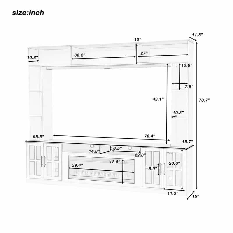 95.5" Wide Wall Unit Entertainment Center with Electric Fireplace and Bookshelves for TVs up to 80"
