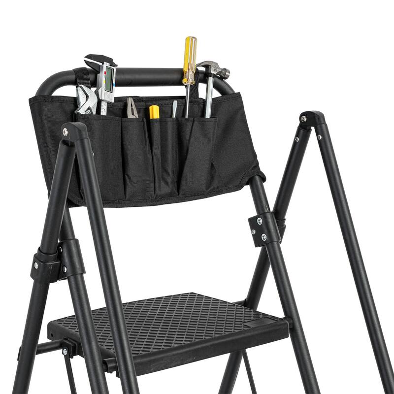 Black 4-Step Folding Step Stool Ladder Removable Tool Bag