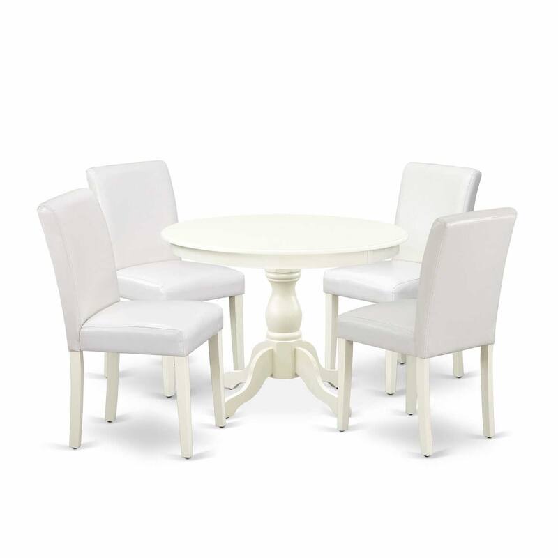 HomeStock 5-Pc Linen White Finish Solid Wood Top Dining table with 4 White Faux Leather Upholstered Parson Chairs