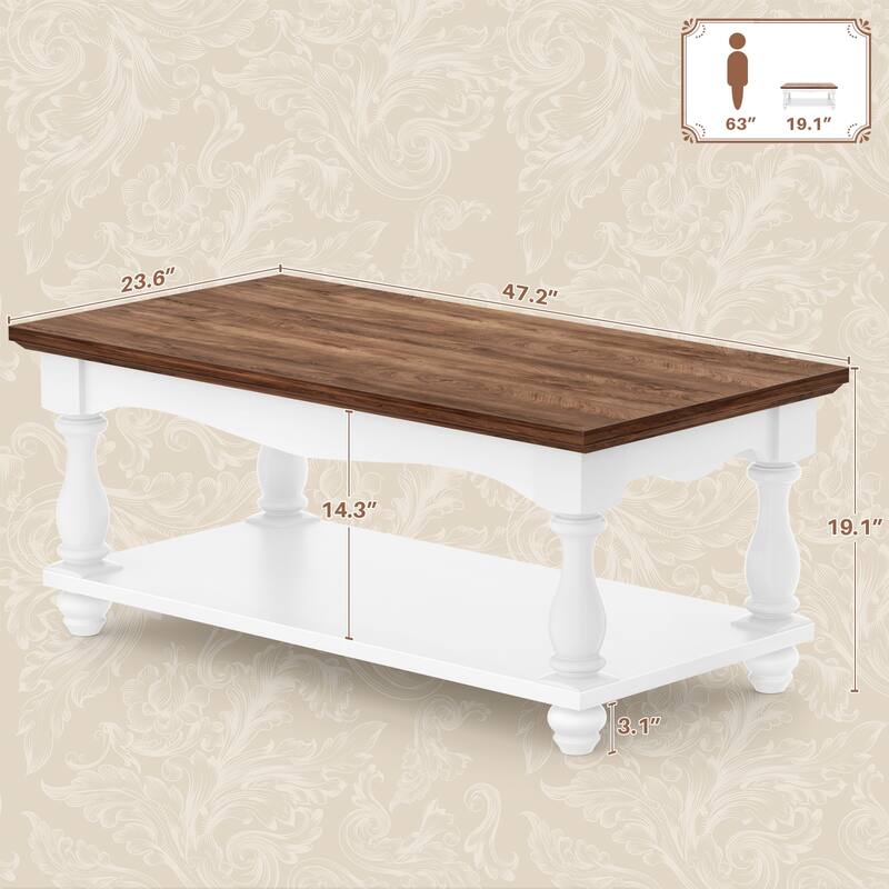 French Country Coffee Table with Storage Shlef, Farmhoues Retangular Living Room Table