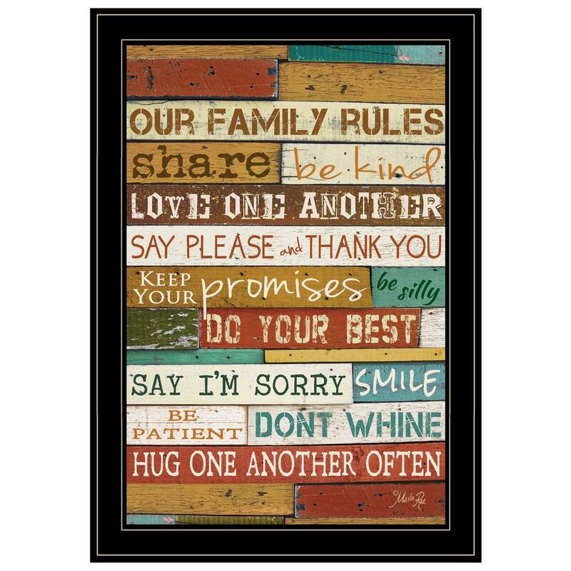 TrendyDecor4U Contemporary "Our Family Rules" Framed Print Wall Art by Marla Rae - Wood - Black