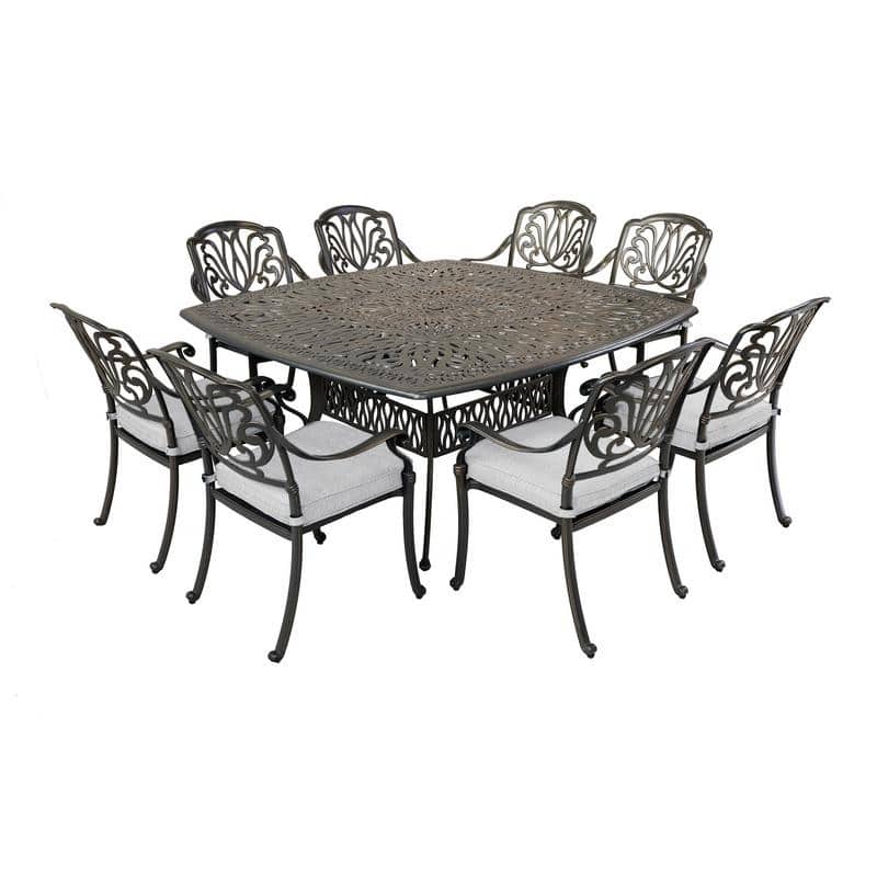 Saratoga 9-piece Gun Metal Aluminum Square Dining Set with 8 Cushioned Arm Dining Chairs - Dessert Night/Cast Silver