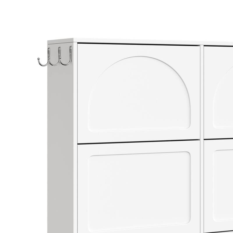 Narrow Tipping Bucket Shoe Cabinet With 6 Flip Drawers,Adjustable Shelf,Free-Standing Shoe Rack With 3 Silvery Hooks, Black