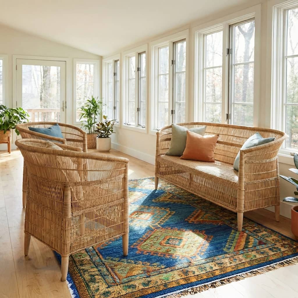 Handwoven Natural Rattan 3-Piece Indoor Seating Set with 2 Chairs and 3-Seater Settee, Solid Wood Frame, Boho Coastal Farmhouse