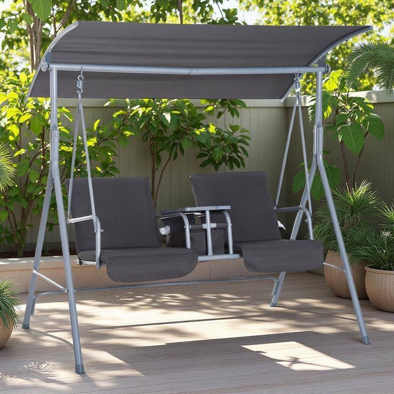 Steel 2-Person Porch Swing with Stand and Canopy - Outdoor Patio Swing with Storage Table and Cup Holders - Grey