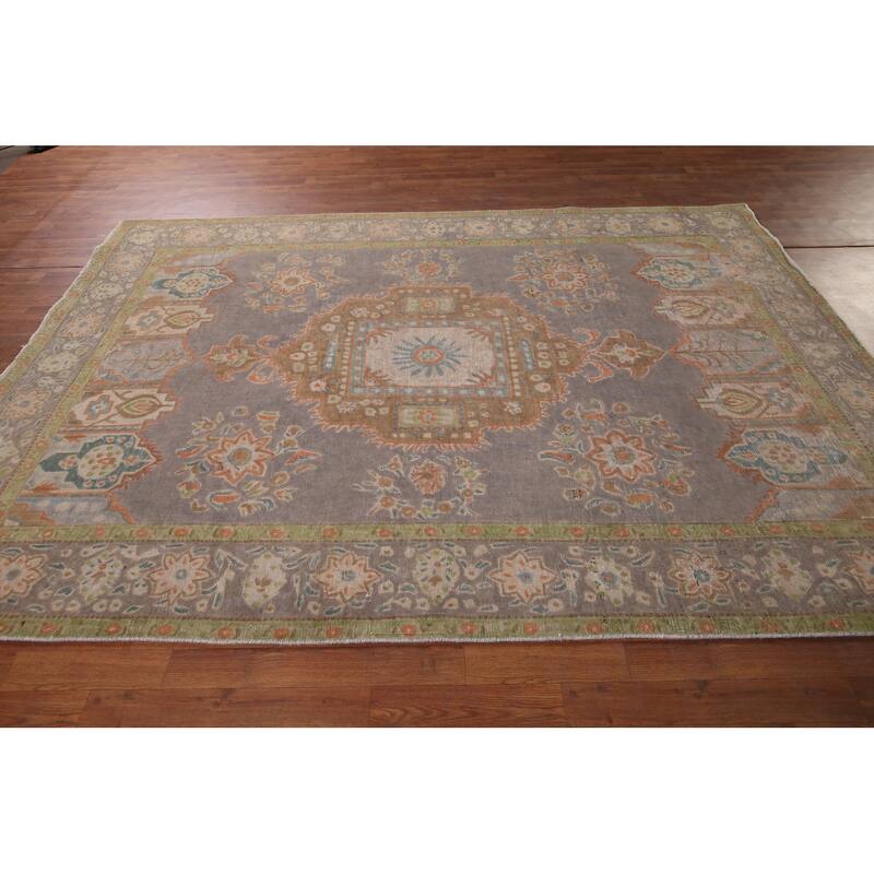 Gray Distressed Tabriz Vintage Persian Rug Hand-Knotted Wool Carpet - 6'7" x 9'8"