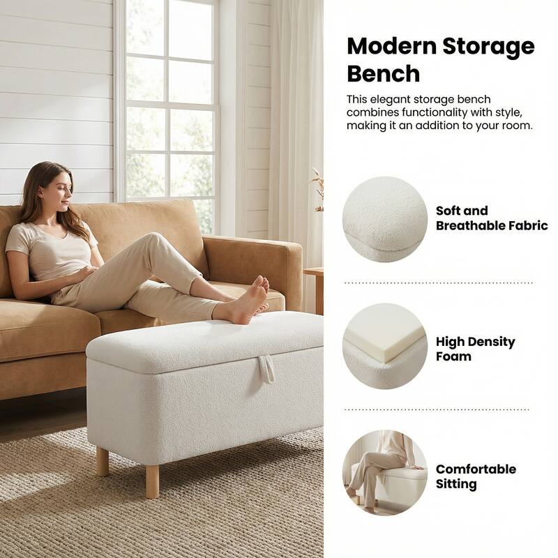 Upholstered Storage Ottoman Bench with Large Hidden Storage Fabric End of Bed Bench