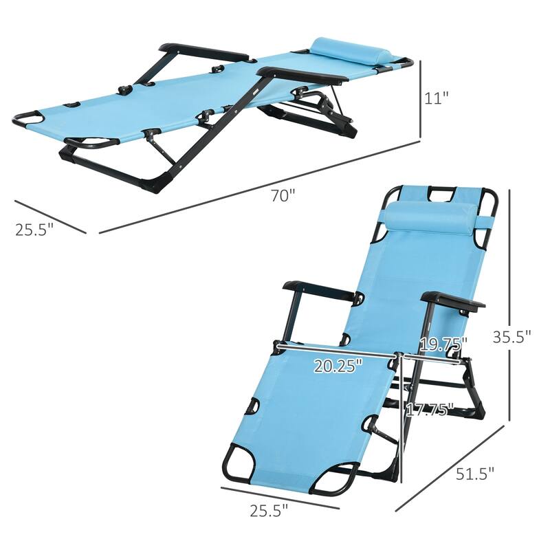 Convertible Outdoor Folding Chaise Lounger with Adjustable Backrest, Pillow and Pocket for Patio Beach Lawn