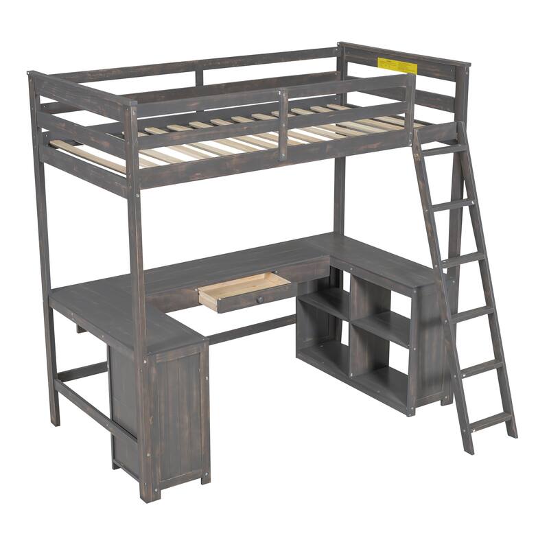 U-Shaped Desk Loft Bed with Storage Shelves & Drawers, Twin Size, Antique Brown