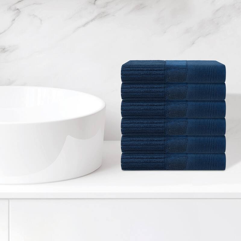Striped Cotton Washcloths, Comfort 6 Pack Face Towels, Absorbent Towels for Hotel, Spa, Bathroom 13" x 13" - Navy Blue