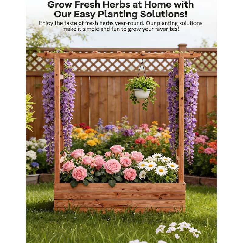Raised Wooden Planter Box, with Trellis and Drainage Holes