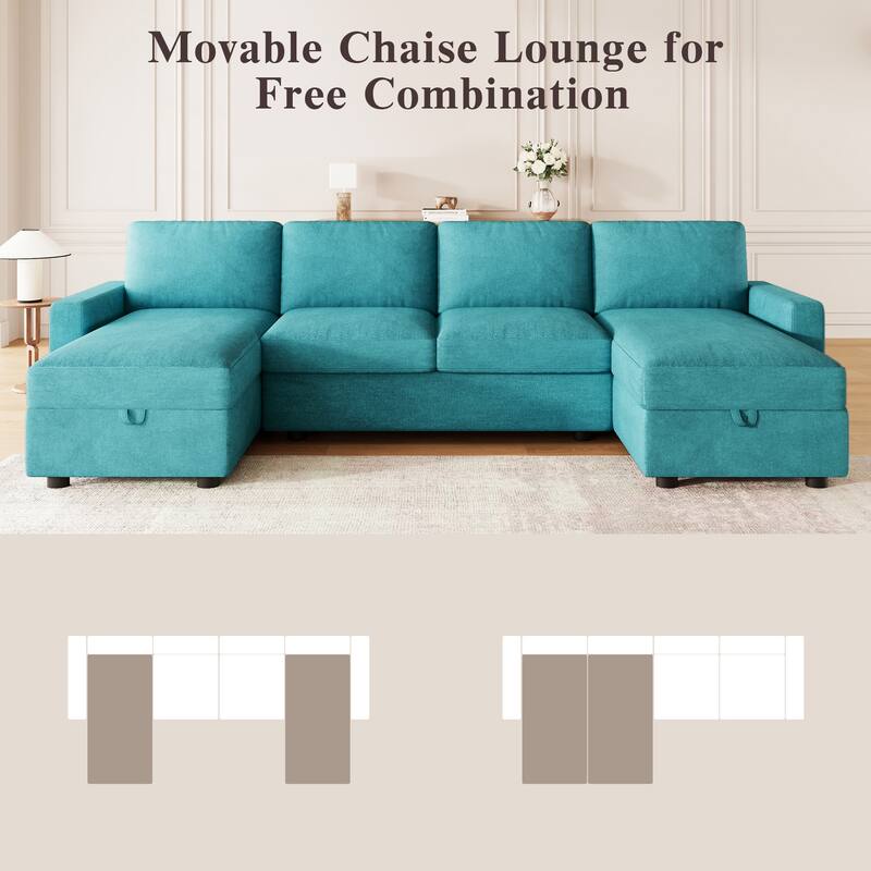 103.9" Sectional Sofa Convertible Sectional Sofa, U-shaped Sofa with Two Storage Chaise Lounges and Four USB Ports