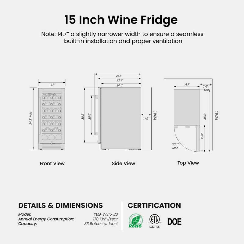 15 Inch Wine/Beverage Cooler 33 Bottles Built-in/Freestanding Wine Rack