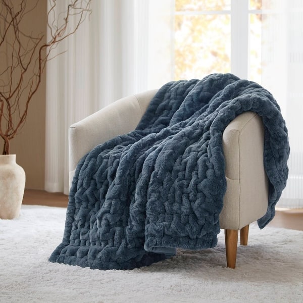slide 2 of 15, Madison Park Solid Ruched Faux Fur 50x60" Ultra-Soft Reversible Throw Slate Blue