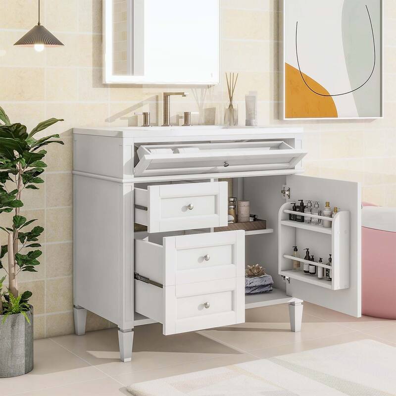 Modern Bathroom Storage Cabinet with 2 Drawers and a Tip-out Drawer,with Top Sink