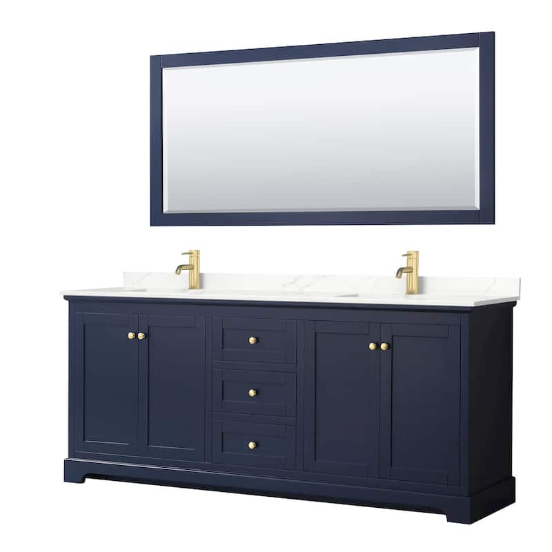Wyndham Collection WCV232380D-QTZ-UNSM70 Avery 80" Free Standing - Dark Blue / Giotto Quartz Top / Brushed Gold