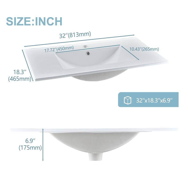 32"36" in. W x 18.3in. D Classic Rectangular Integrated Ceramic Bath Basin Sink Vanity Top