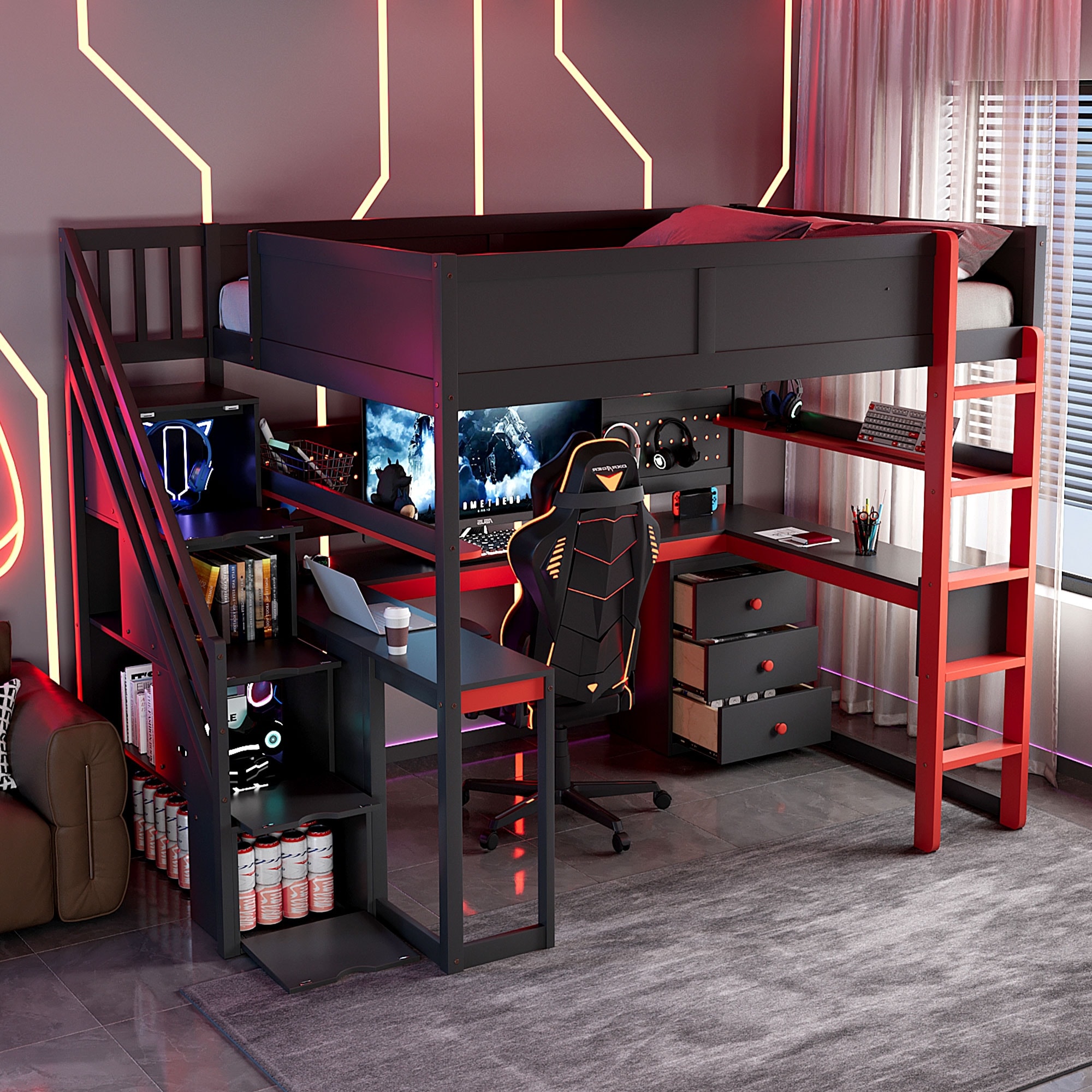 Gaming Loft Bed with Storage Stairs & Desk, Video Game Bed Wood Loft Bed Frame with Pegboard for Teens