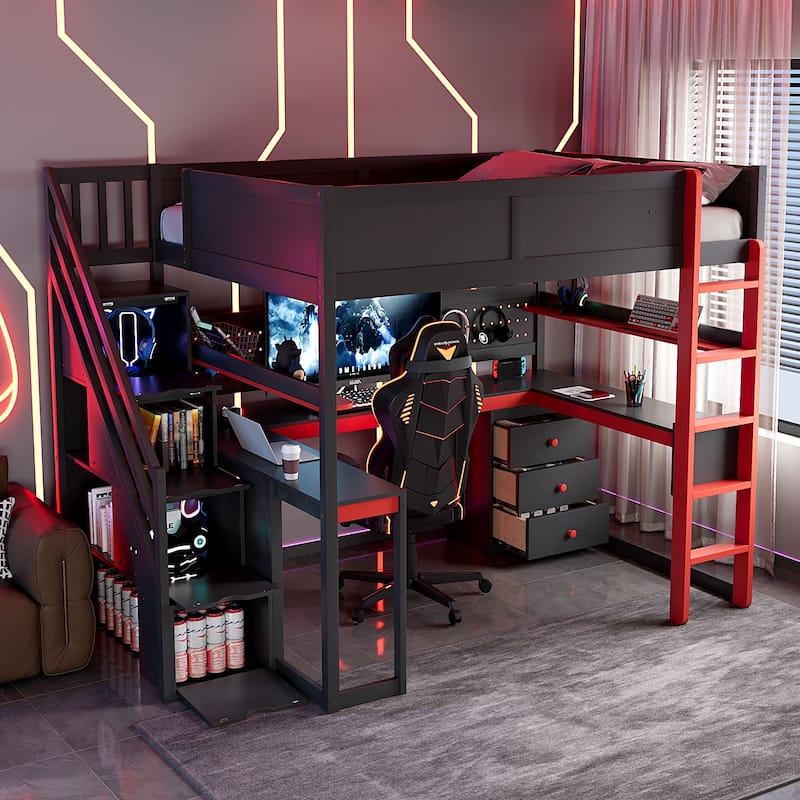 Gaming Loft Bed with Storage Stairs & Desk, Video Game Bed Wood Loft Bed Frame with Pegboard for Teens - Black+Red - Full