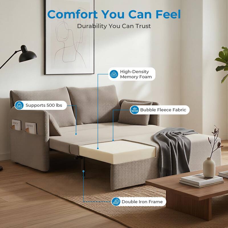 Mixoy Convertible Sofa Bed with Memory Foam Mattress, Queen Size, Beige/Grey, Adjustable Backrest