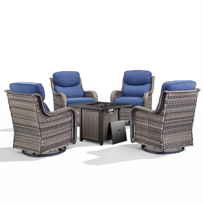 Meyreso 5-Piece Outdoor Patio Wicker Fire Pit 4 person Conversation Set with 5-Inch Thick Cushions